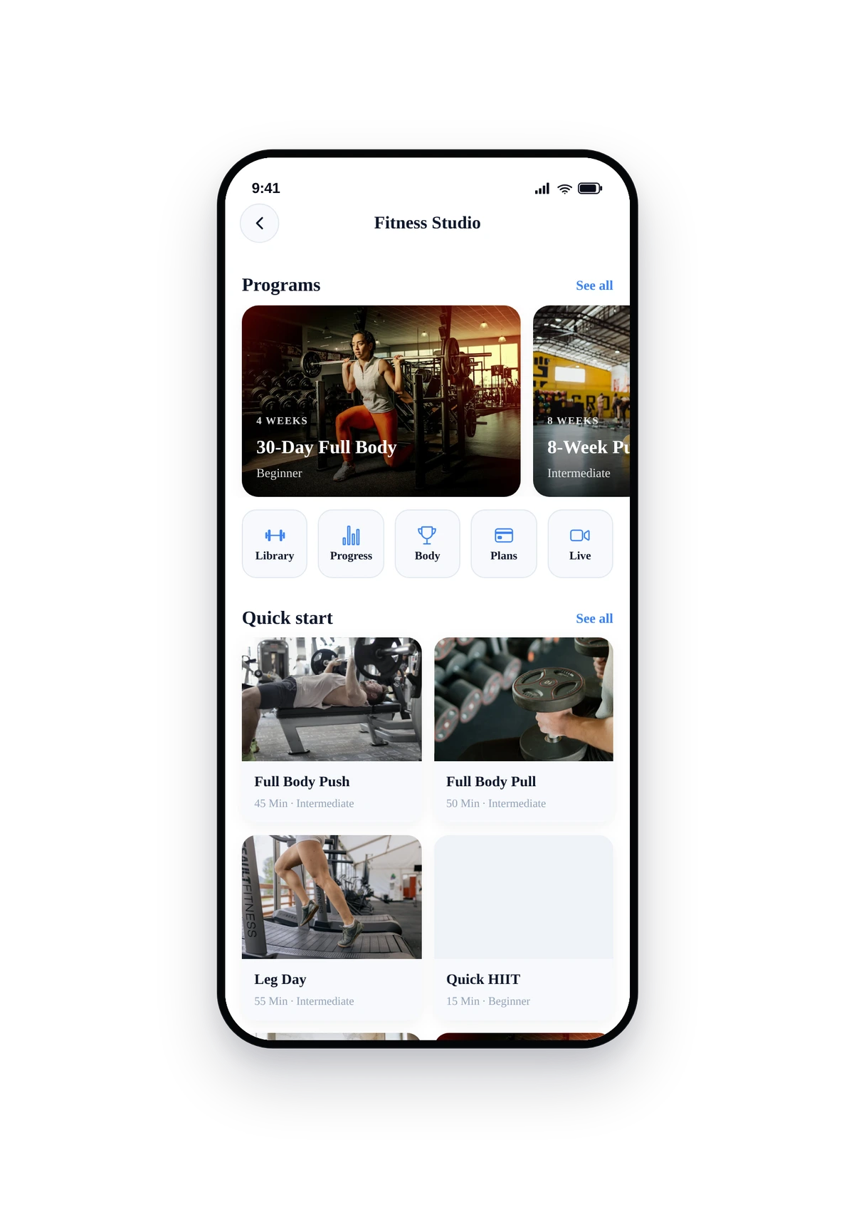iPhone phone frame rendering the live Fitness Studio home