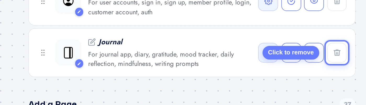 Features page with the Journal row and red remove button highlighted