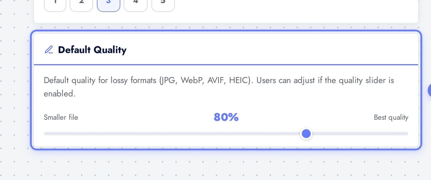 AI Image Converter Default Quality slider set to 80 percent