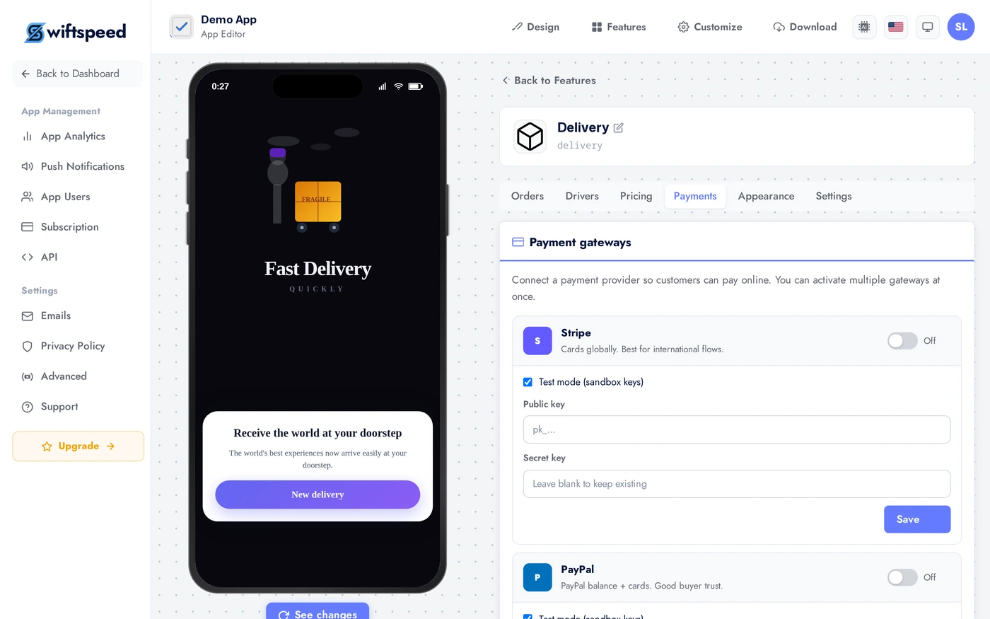 Delivery Payments tab