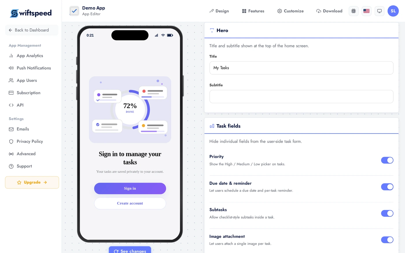 Tasks Content tab with hero and many feature toggles