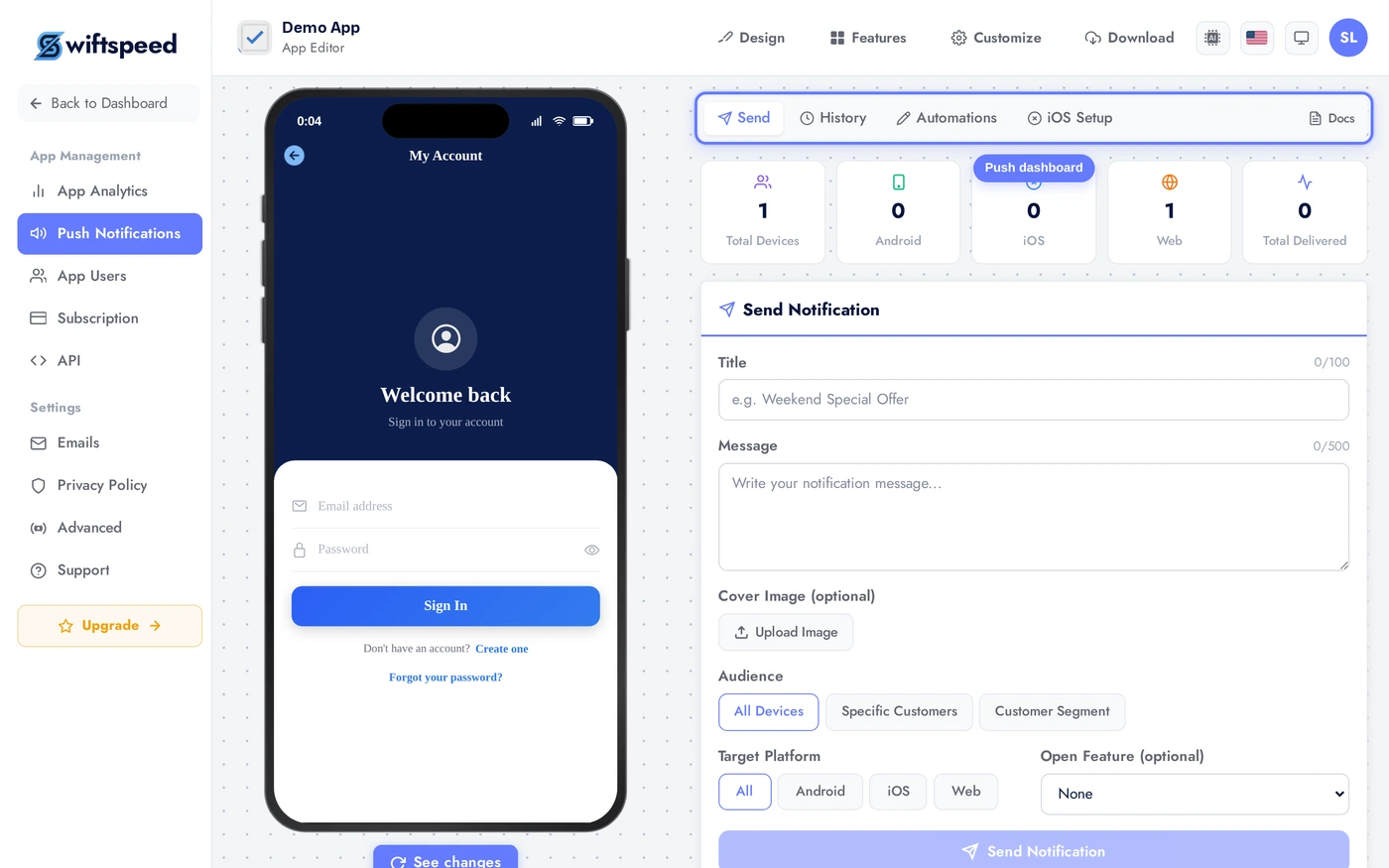 Editor sidebar with the Promote / Push Notifications page open