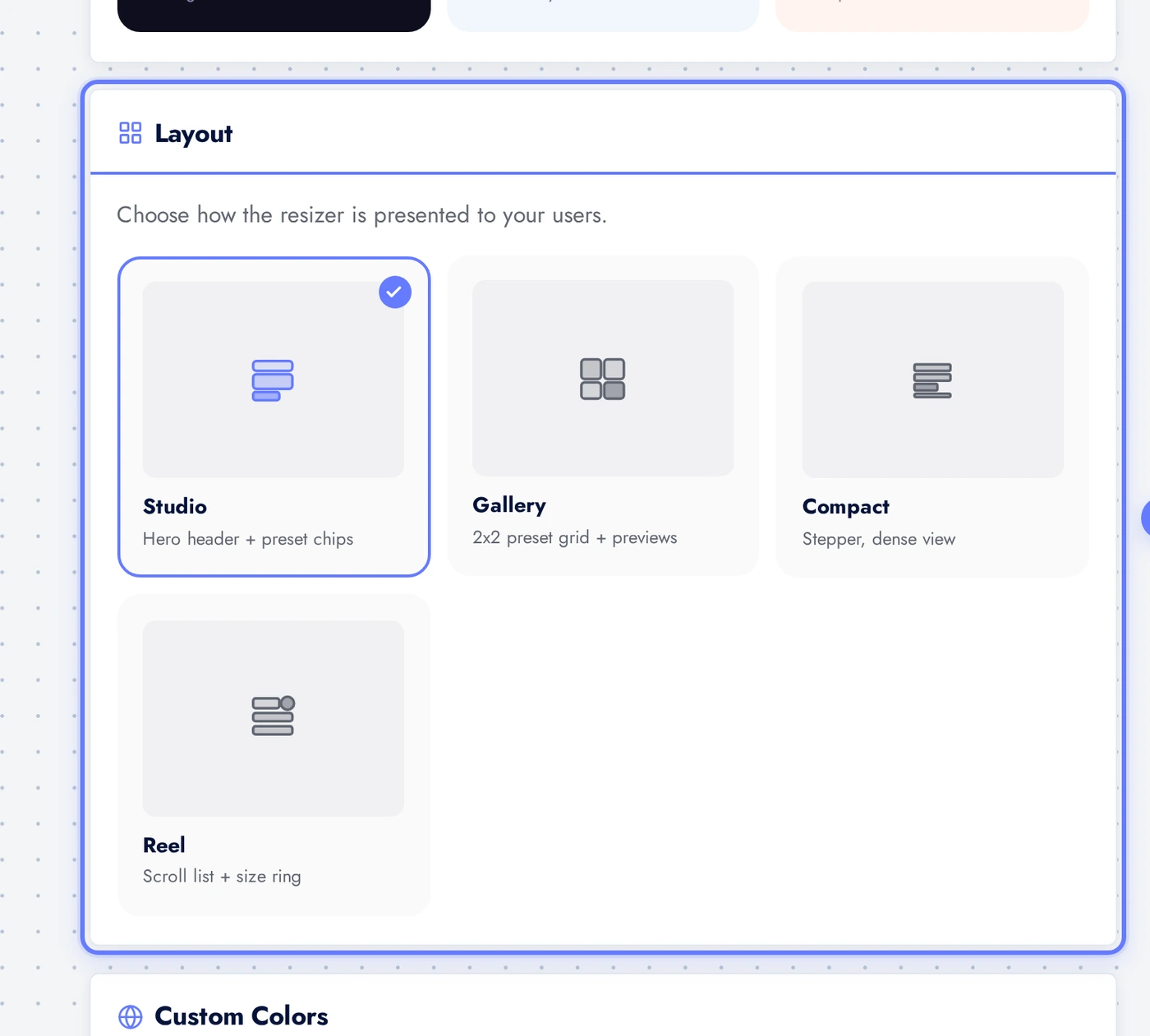 AI Image Resizer layout picker with Studio, Gallery, Compact, Reel options
