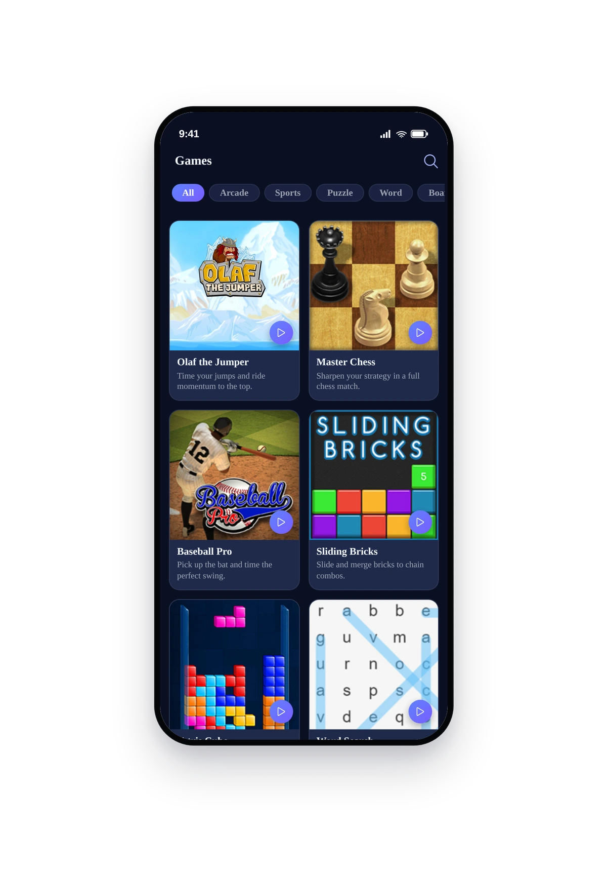 Phone frame rendering the games gallery with category pills, search, and a grid of game tiles