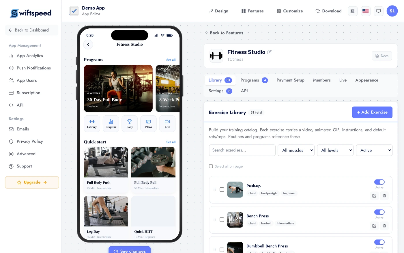Fitness Studio Library tab