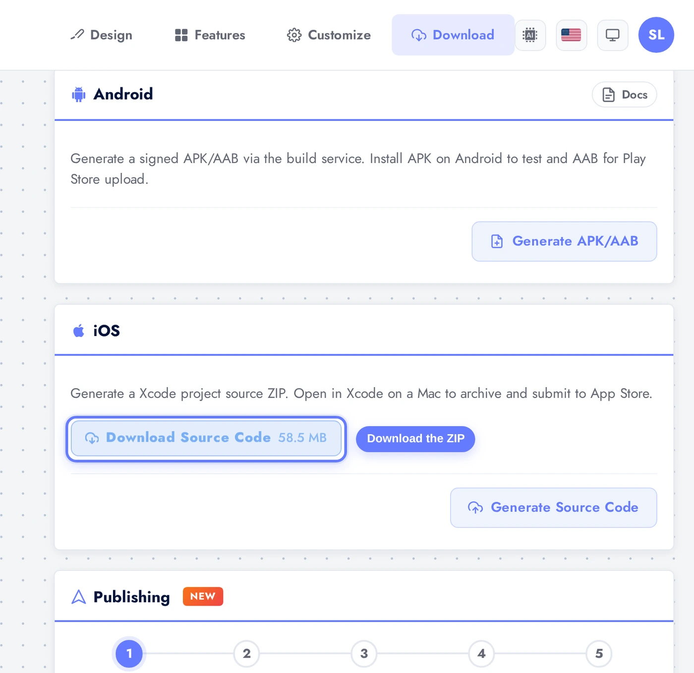 iOS build card success state with Download Source Code pill highlighted