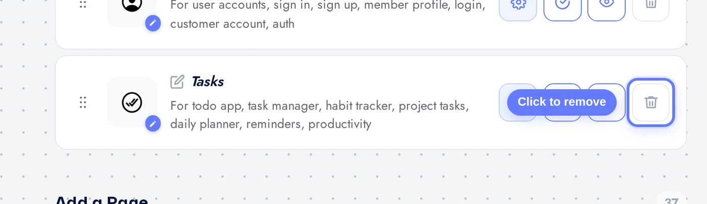 Features page with the Tasks row and red remove button highlighted