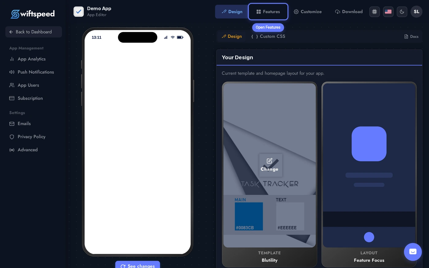 App Editor with the Features tab highlighted in the top bar
