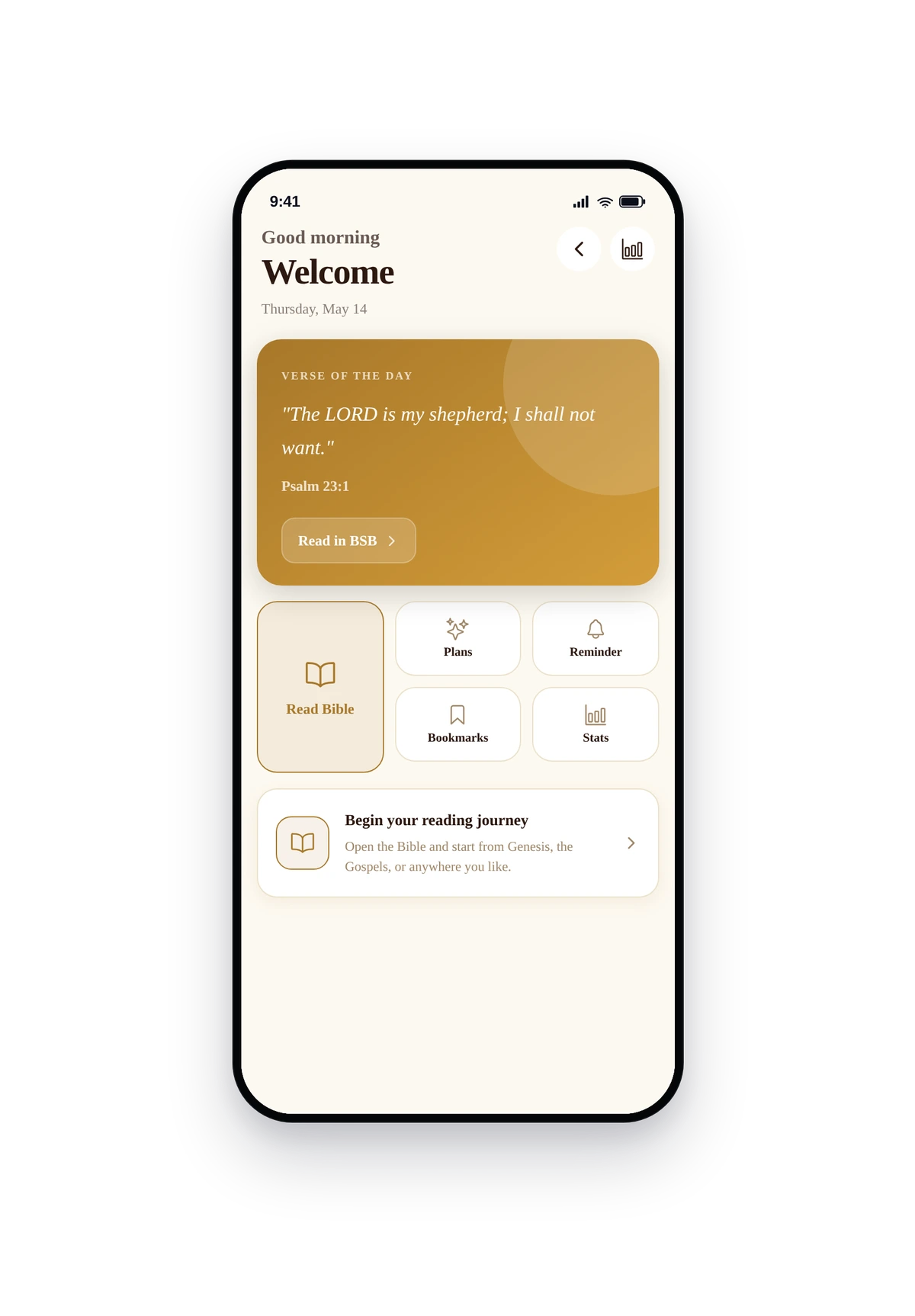 iPhone phone frame rendering the live Bible home