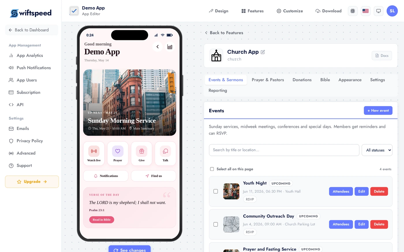 Church App Events & Sermons tab