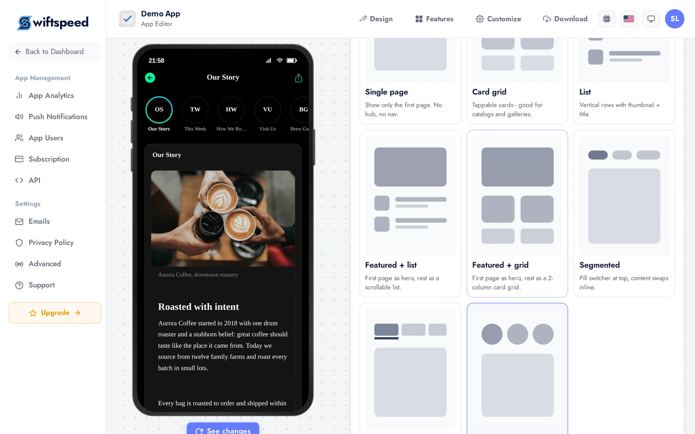The Structure tab with the Story reel layout selected