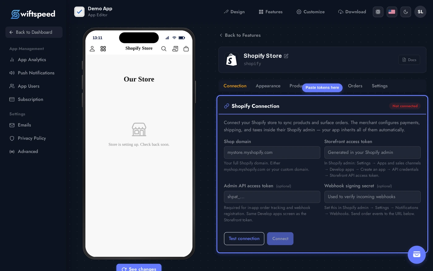 Shopify editor connection tab with shop domain, Storefront access token, Admin API token, and webhook signing secret fields
