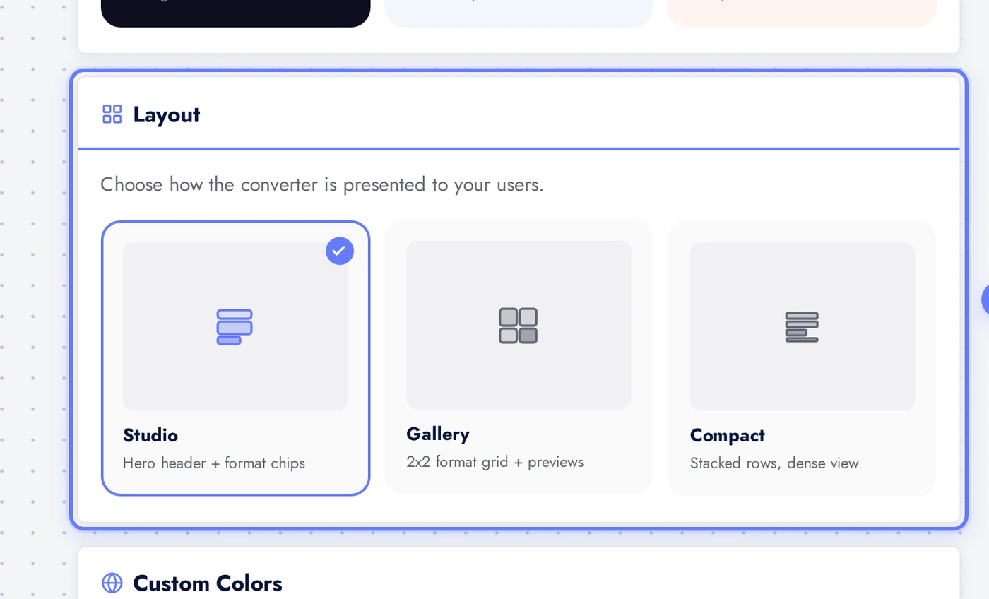 AI Image Converter layout picker with Studio, Gallery, Compact options