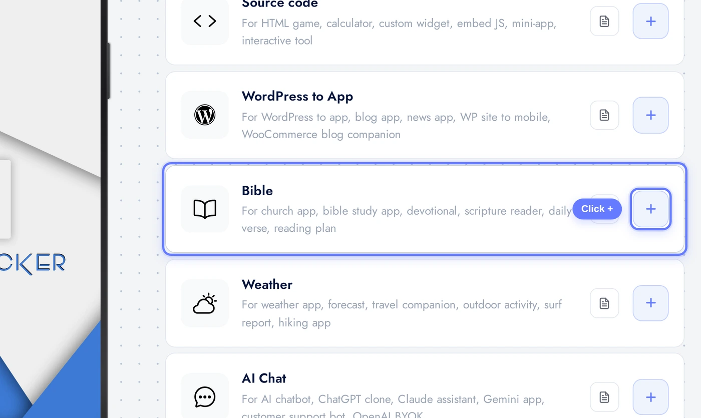 Add a Page list with the Church App card highlighted