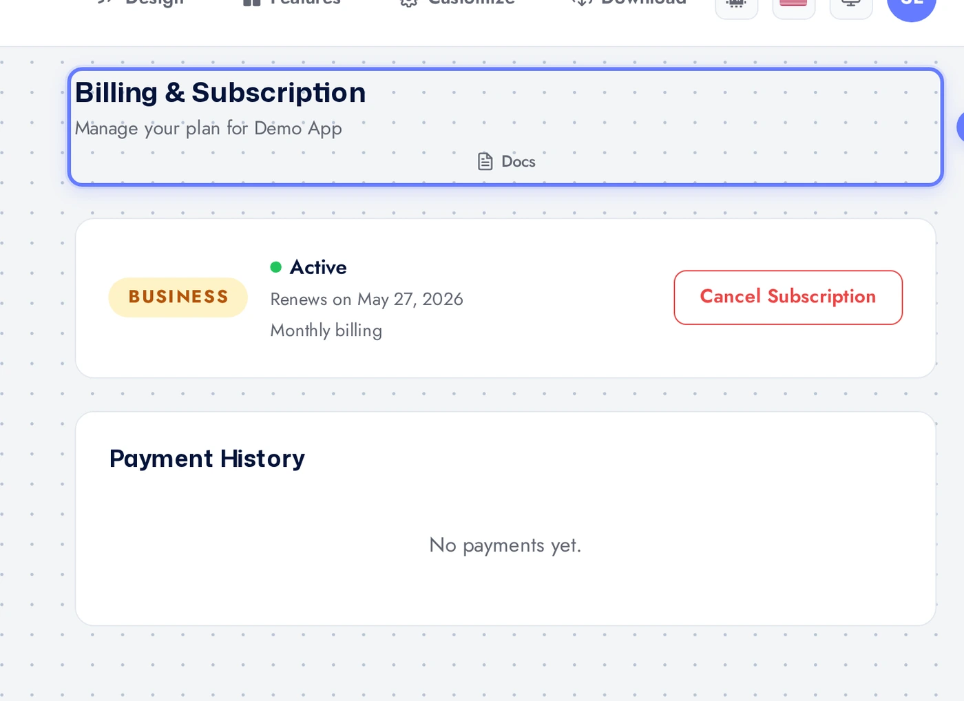 Current plan card with tier, billing period, next renewal