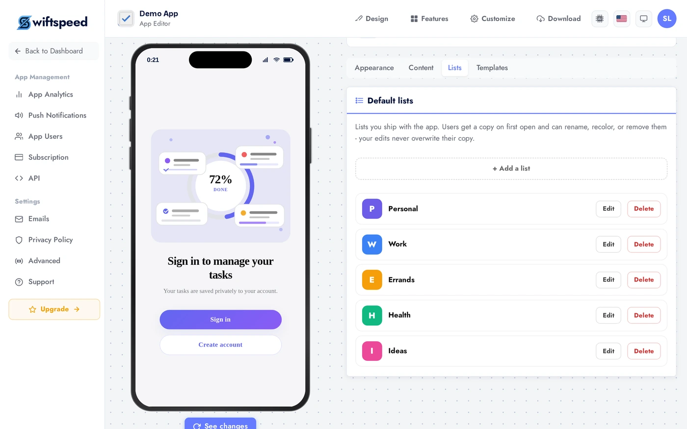 Tasks Lists tab