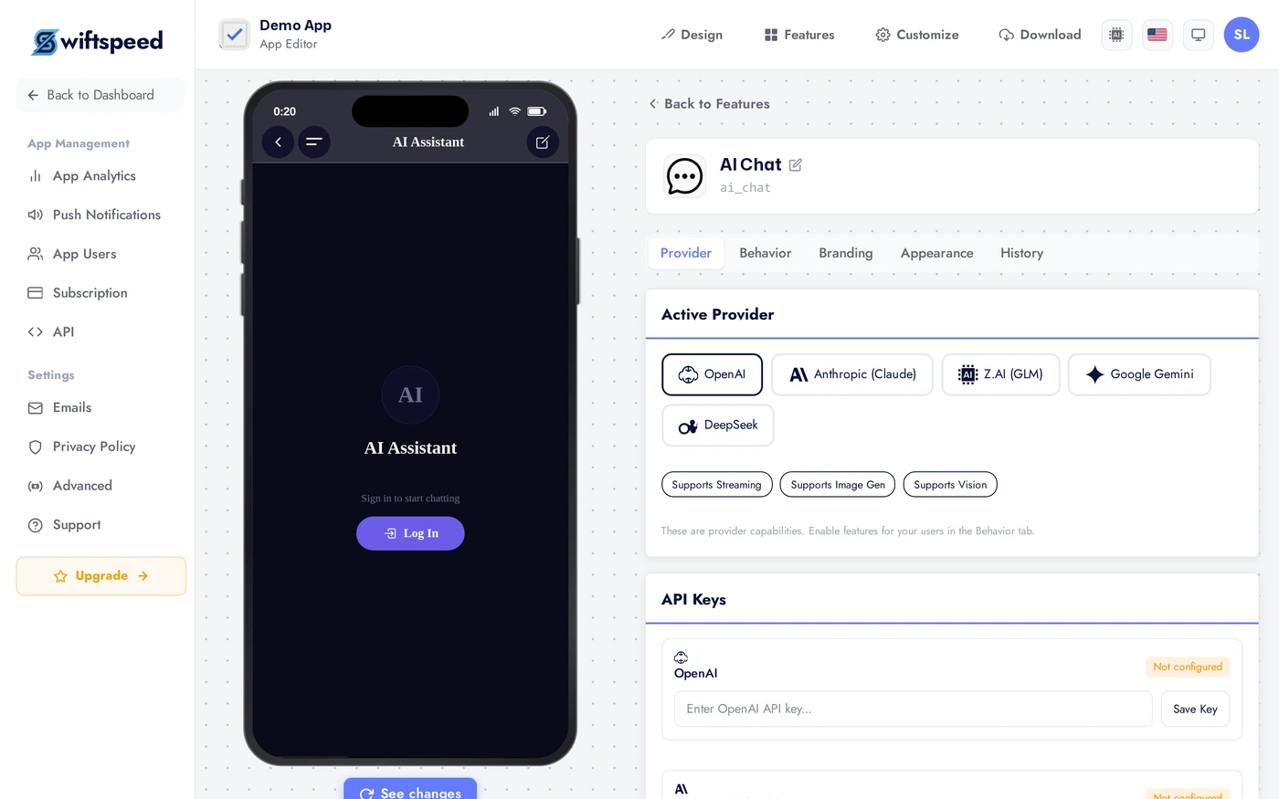 AI Chat editor Provider tab showing OpenAI, Anthropic, Z.AI, Swiftspeed Platform options