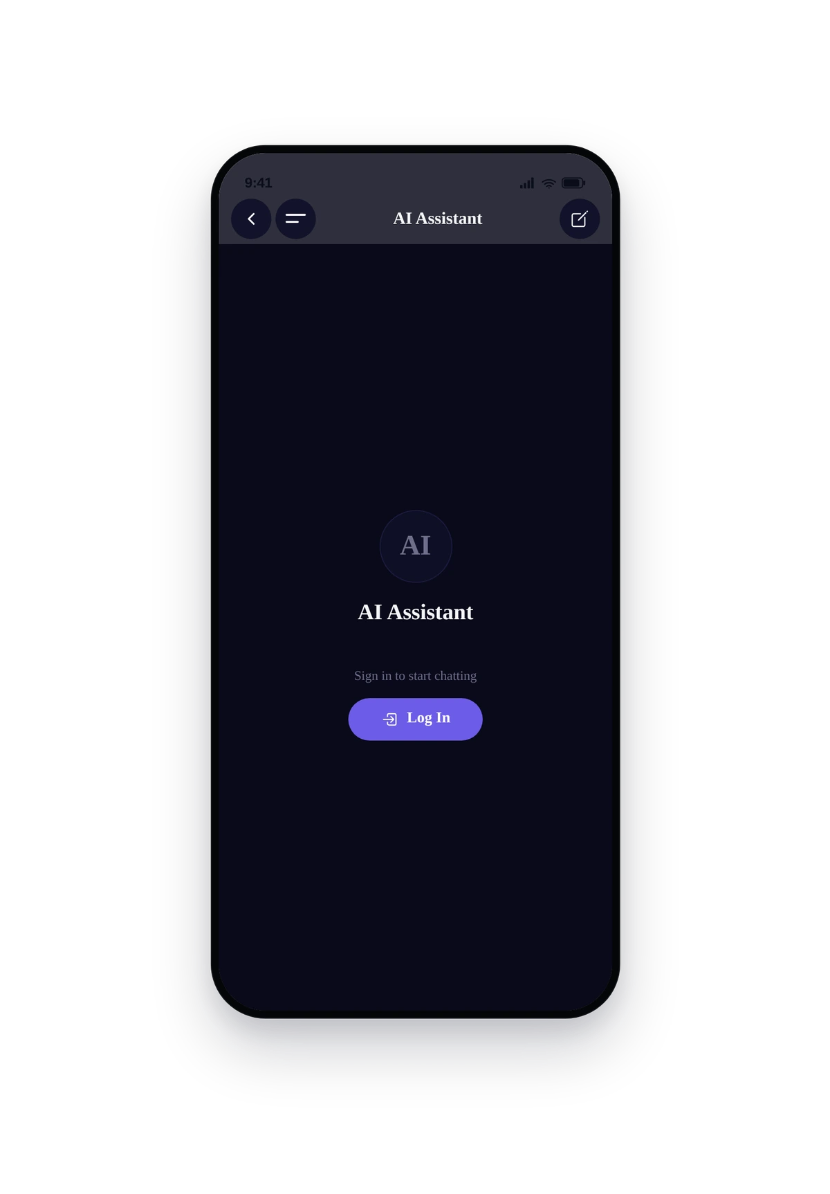 iPhone phone frame rendering the live AI Chat screen with the assistant and welcome message