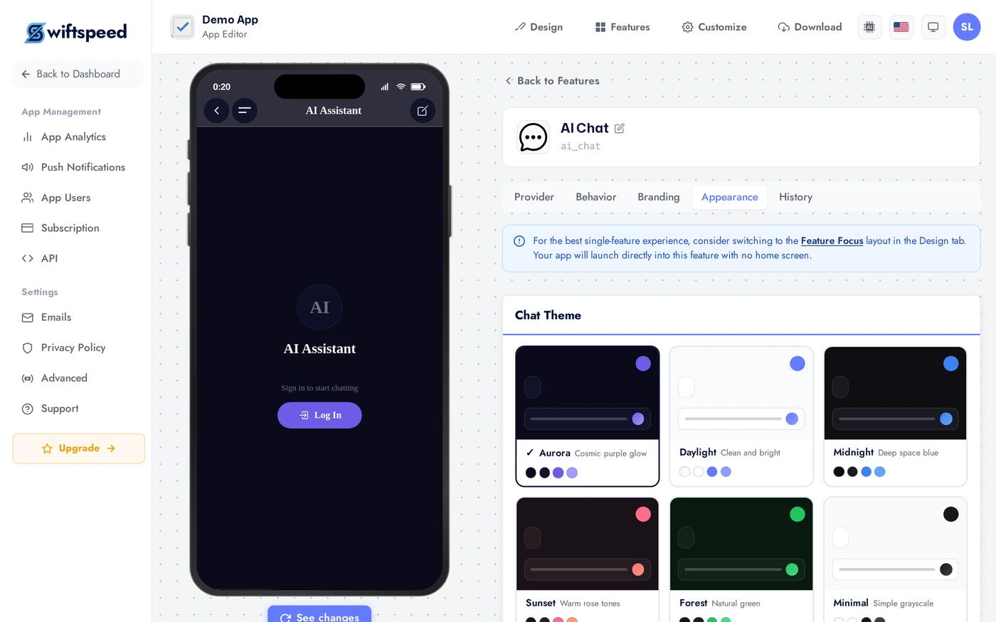 AI Chat Appearance tab showing chat themes and layout options
