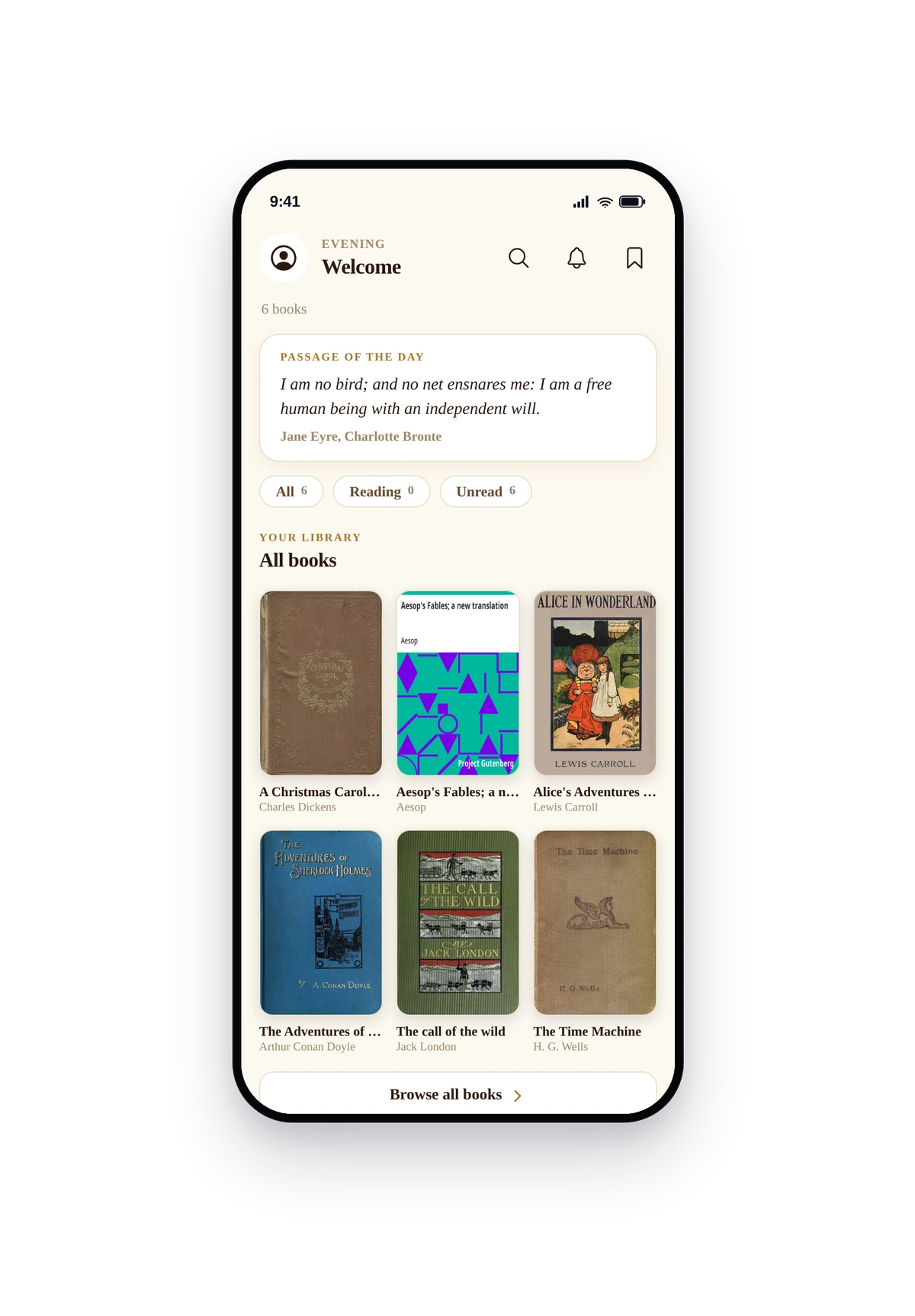 iPhone phone frame rendering the live Books & Reader home