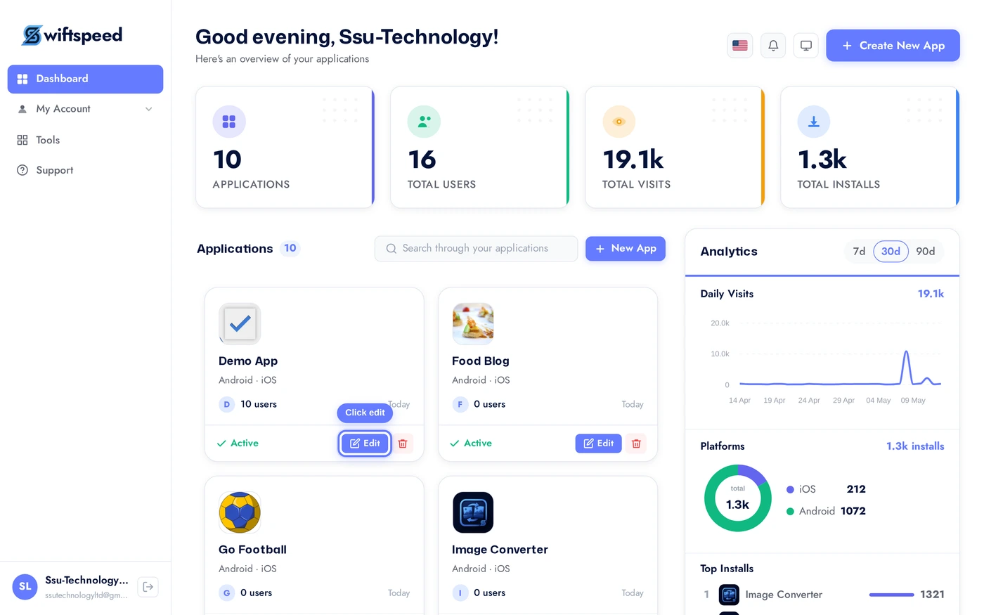 Swiftspeed dashboard with the Demo App card highlighted