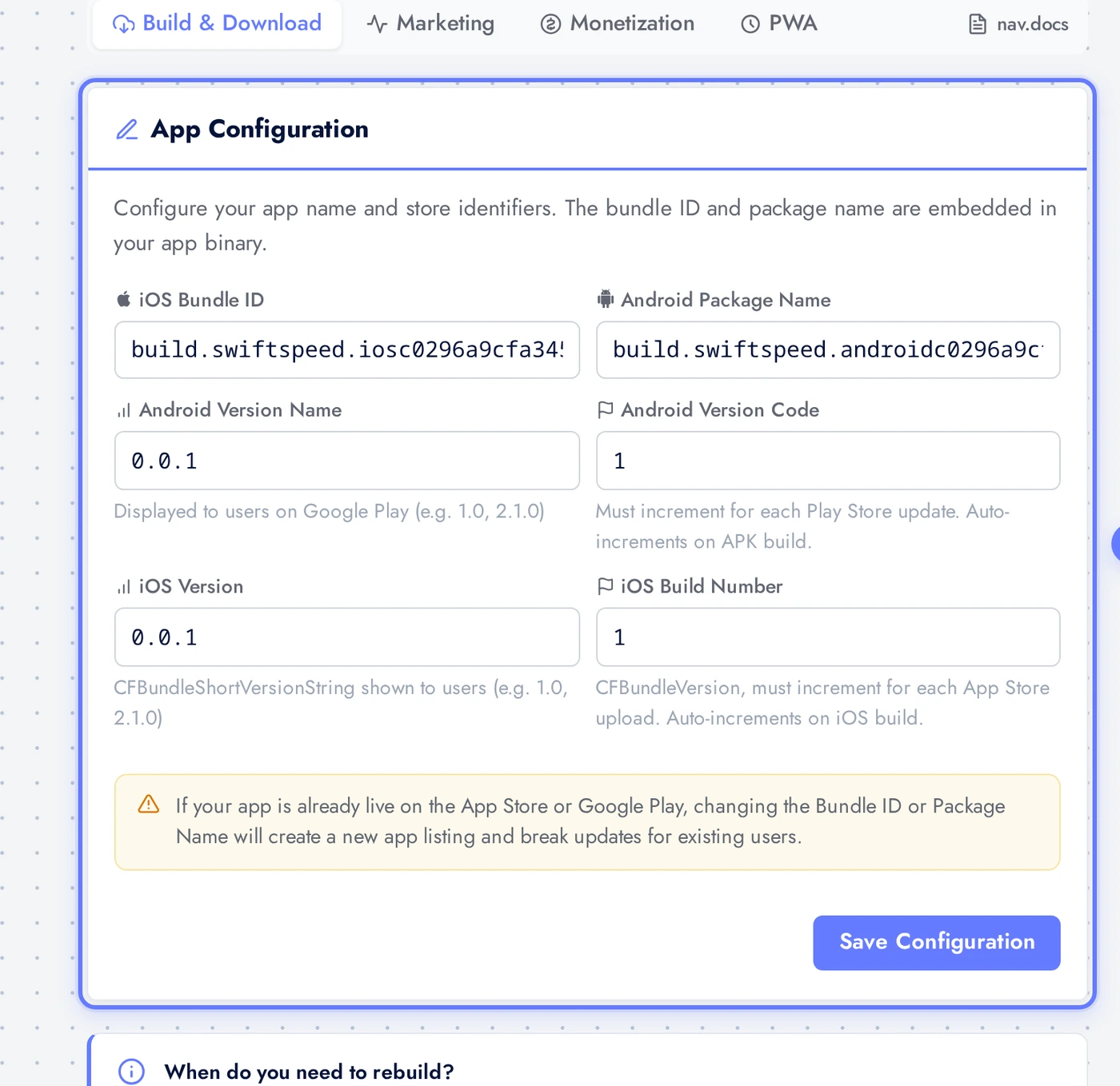 Publish > App Info card with Application ID, version code, version name fields