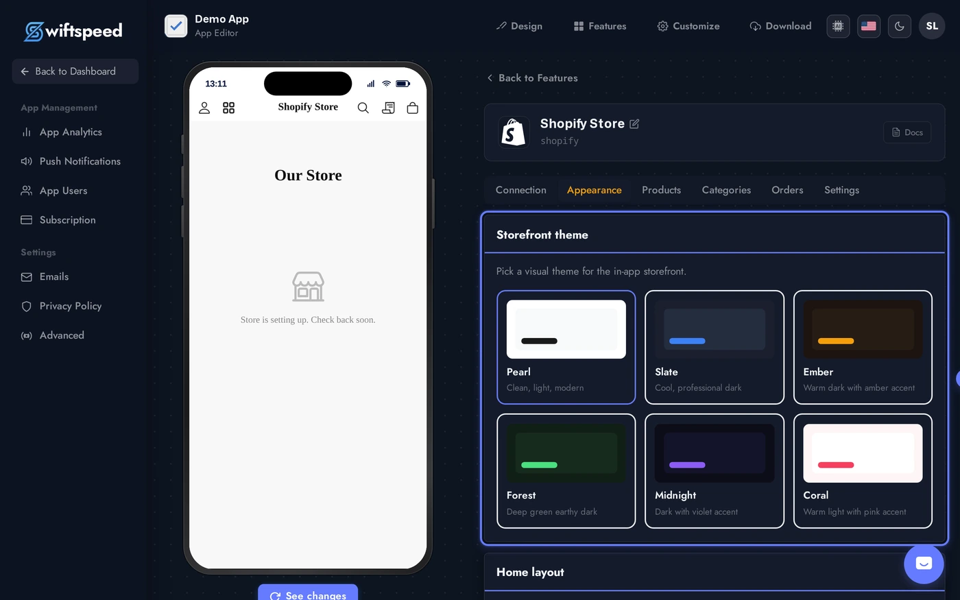 Shopify editor on the Appearance tab showing the storefront theme picker with Pearl, Slate, Ember, Forest, Midnight, and Coral options