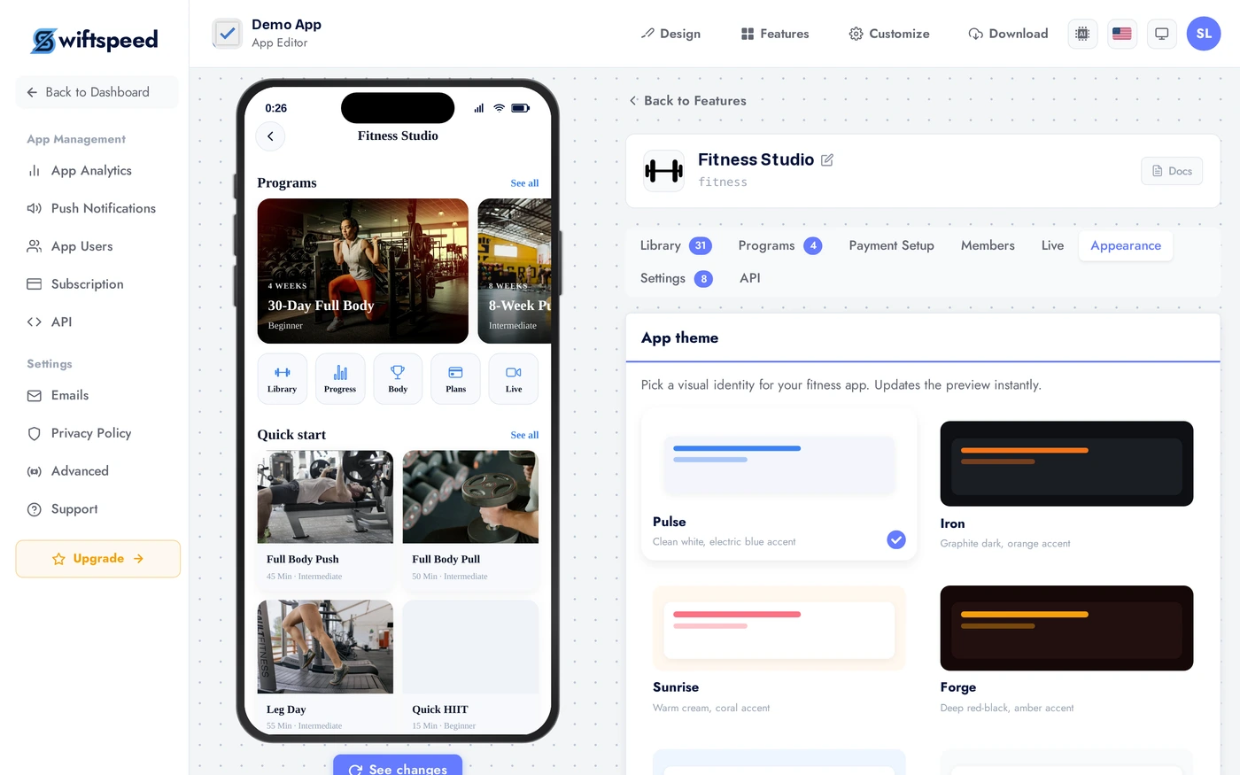 Fitness Studio Appearance tab