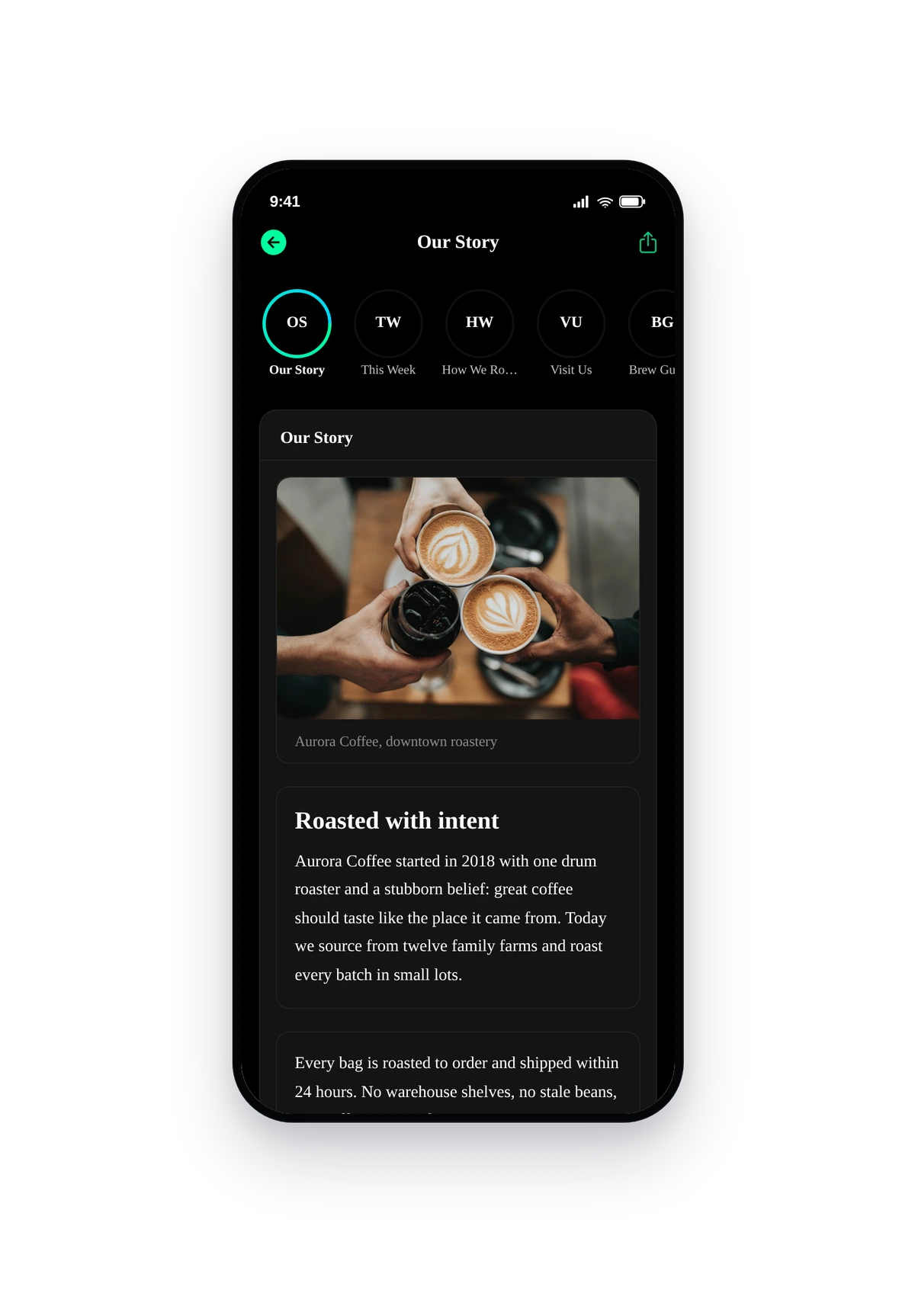 iPhone-style frame showing the Custom Page feature with a neon story reel and real content