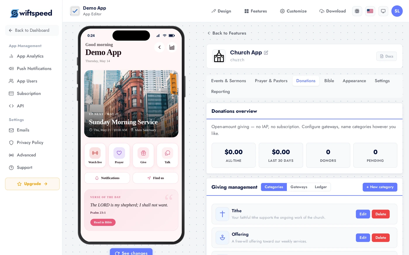 Church App Donations tab