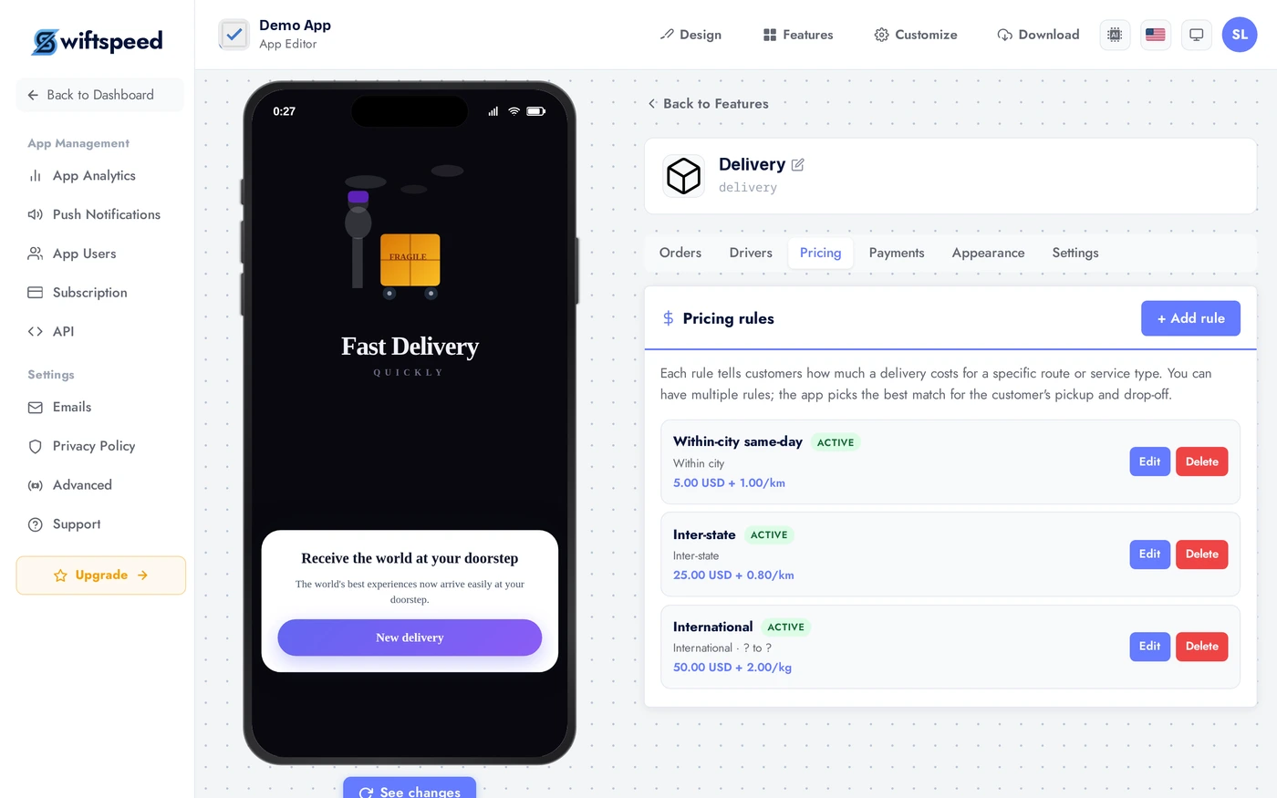 Delivery Pricing tab