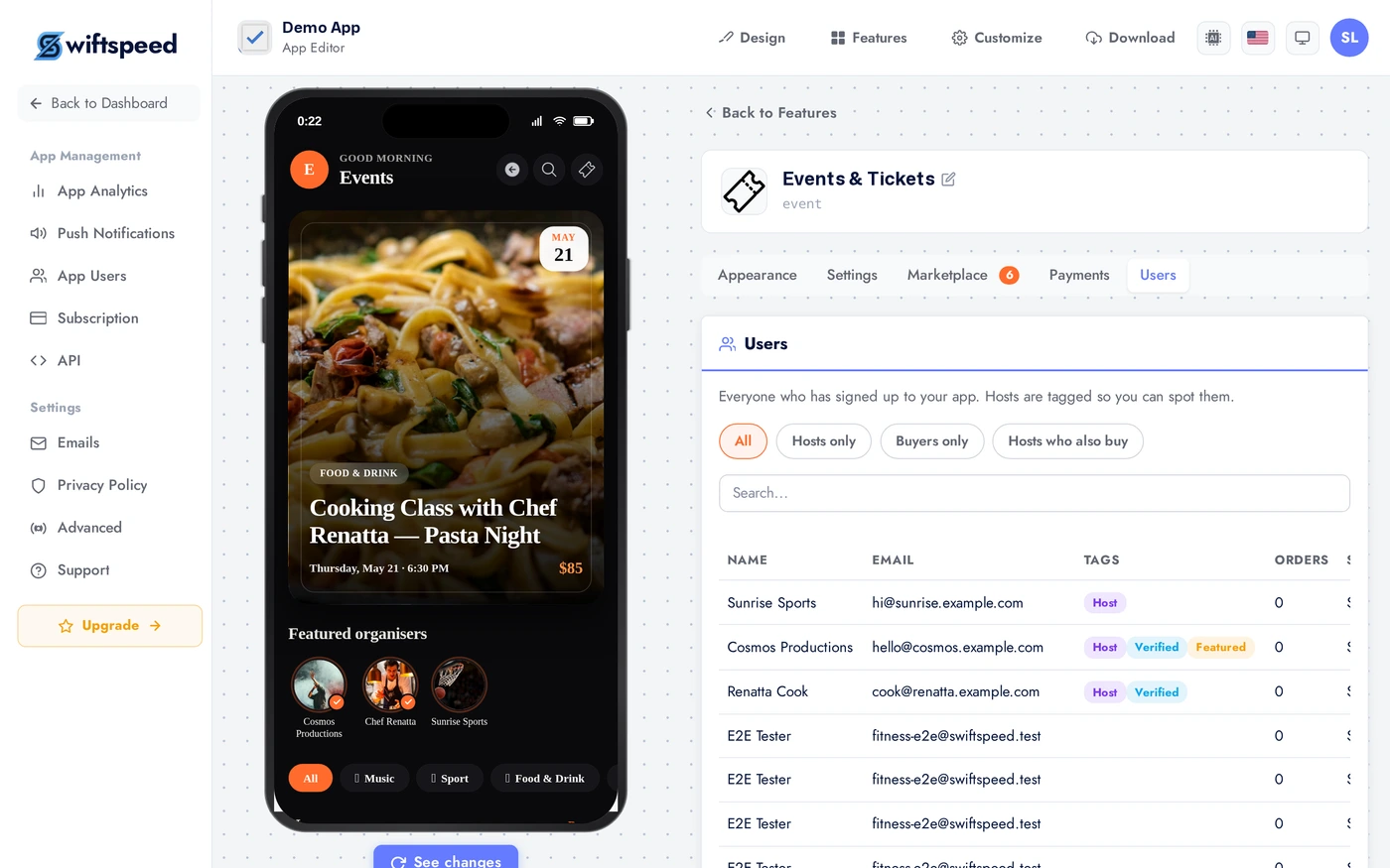 Events Users tab showing ticket buyer list