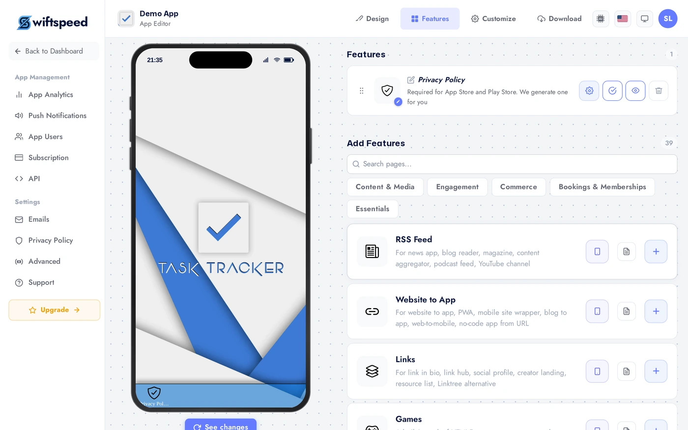 App editor Features tab