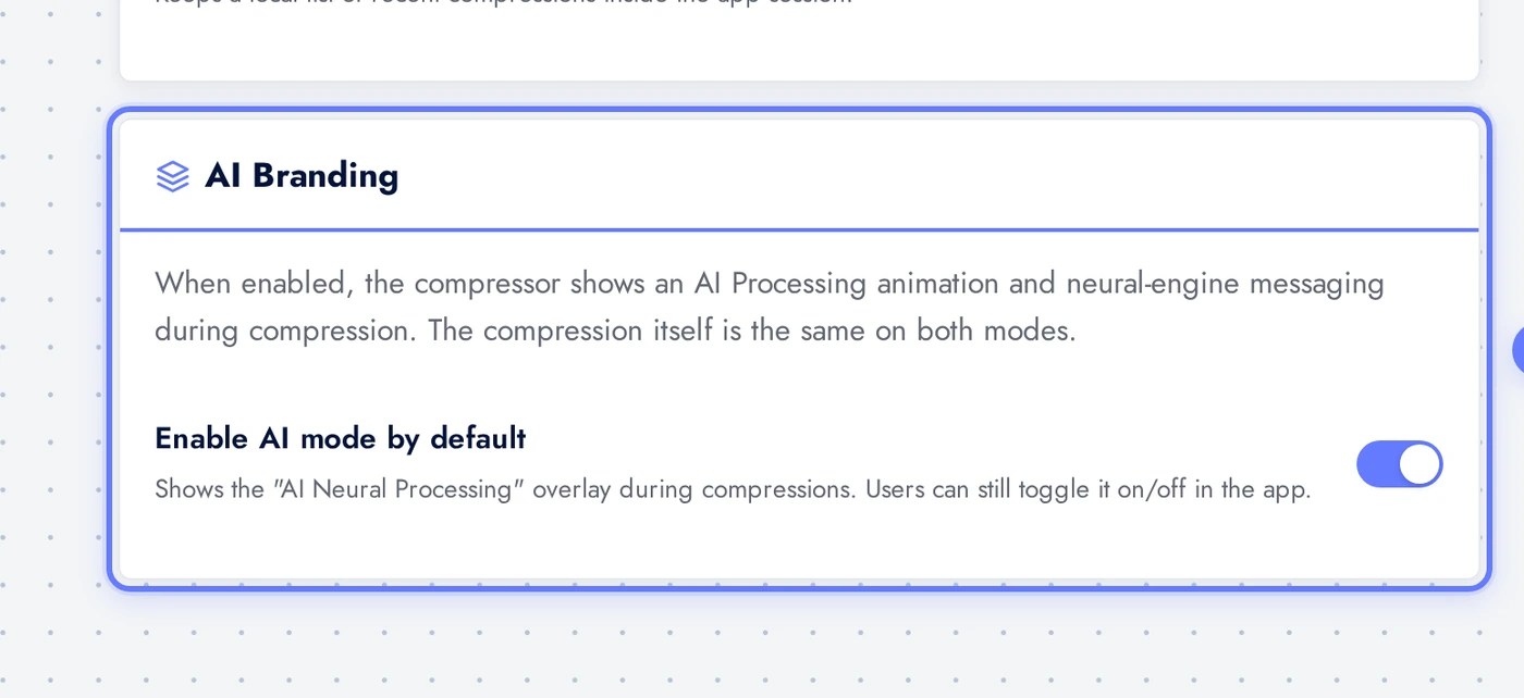 AI Image Compressor AI Branding card with the AI mode default toggle