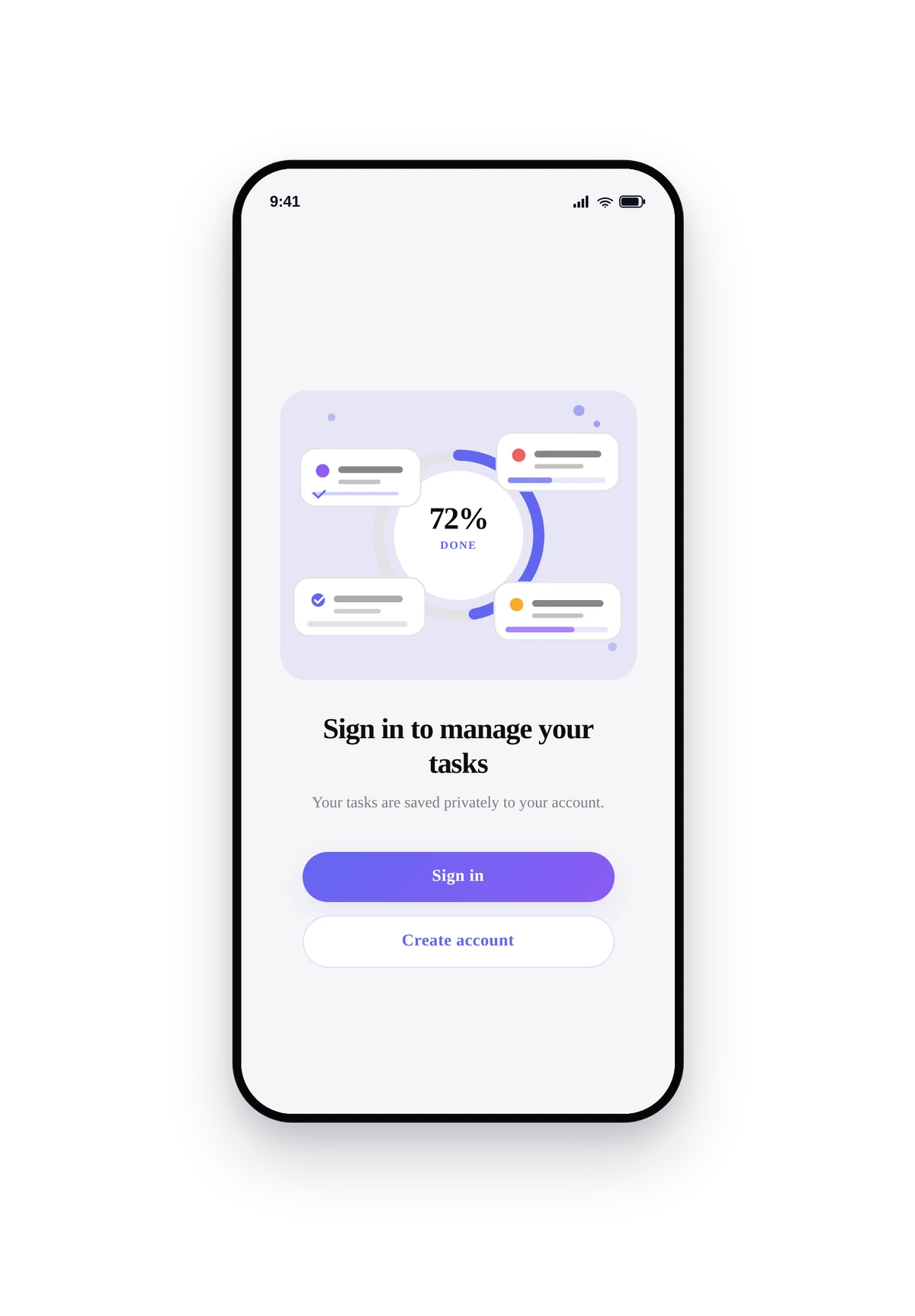 iPhone phone frame rendering the live Tasks home