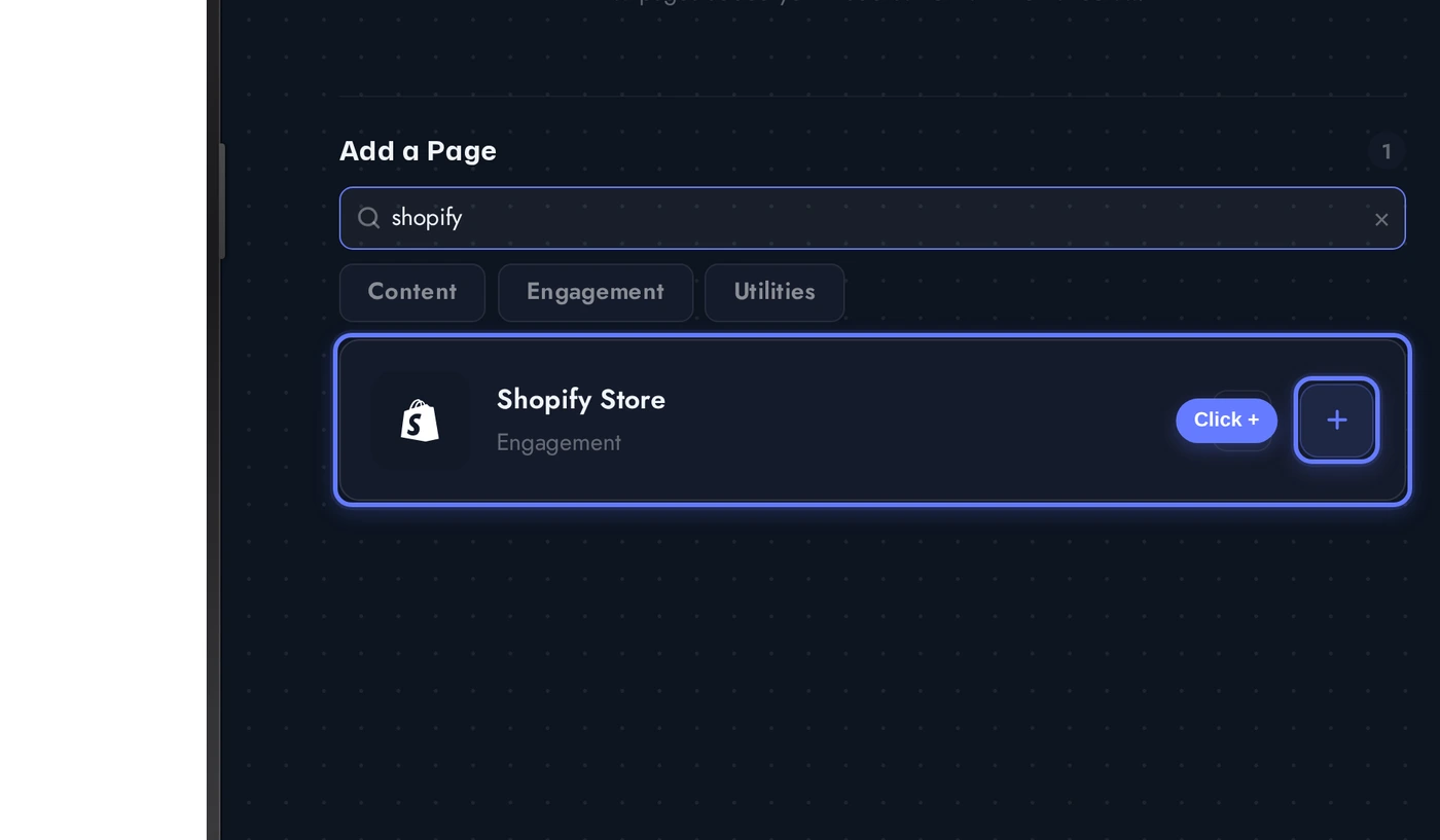 Add a Page list with the Shopify Store card highlighted and an arrow pointing at its plus button
