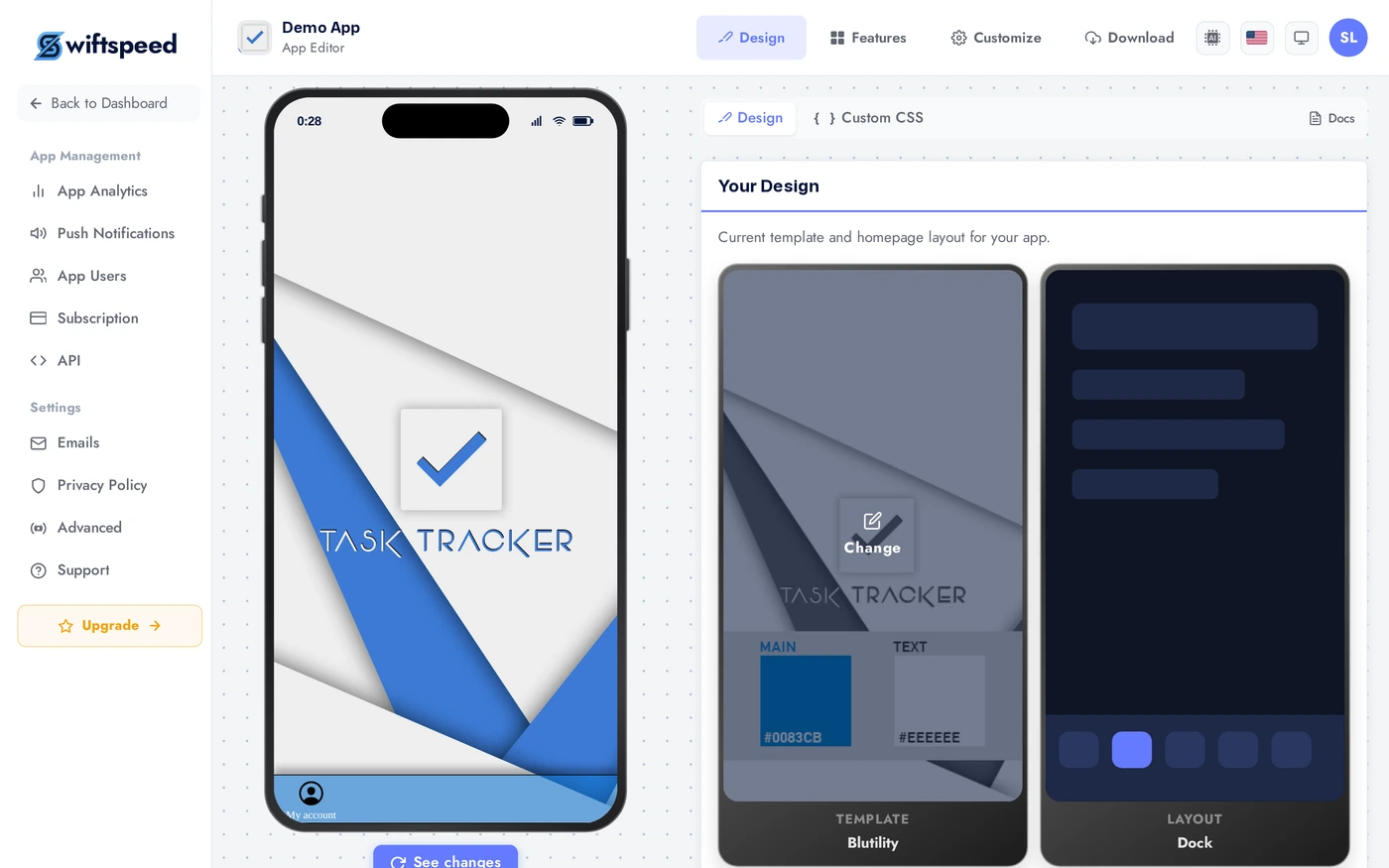 App editor on the Design page with Design and Colors sub-tabs
