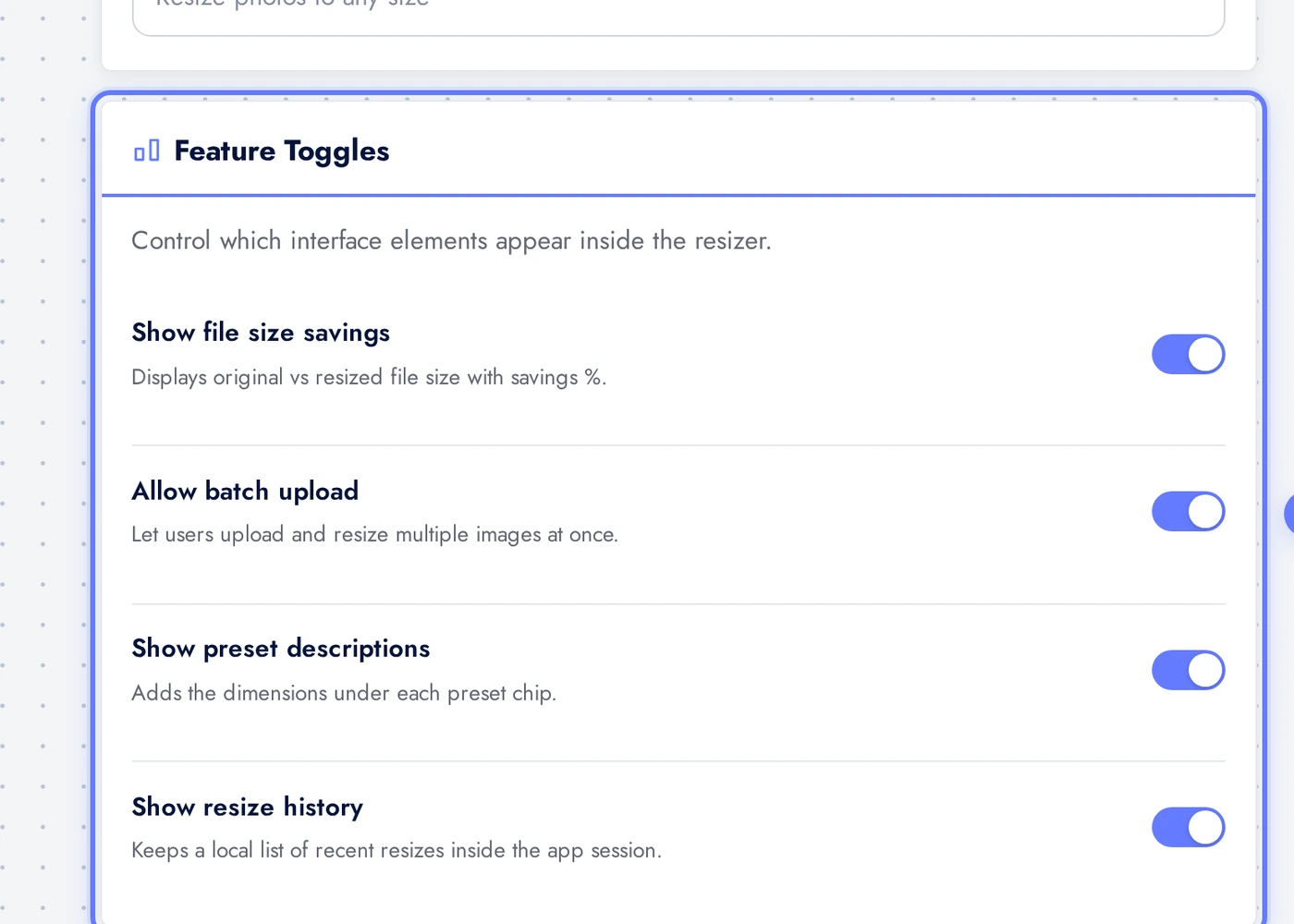 AI Image Resizer Feature Toggles card