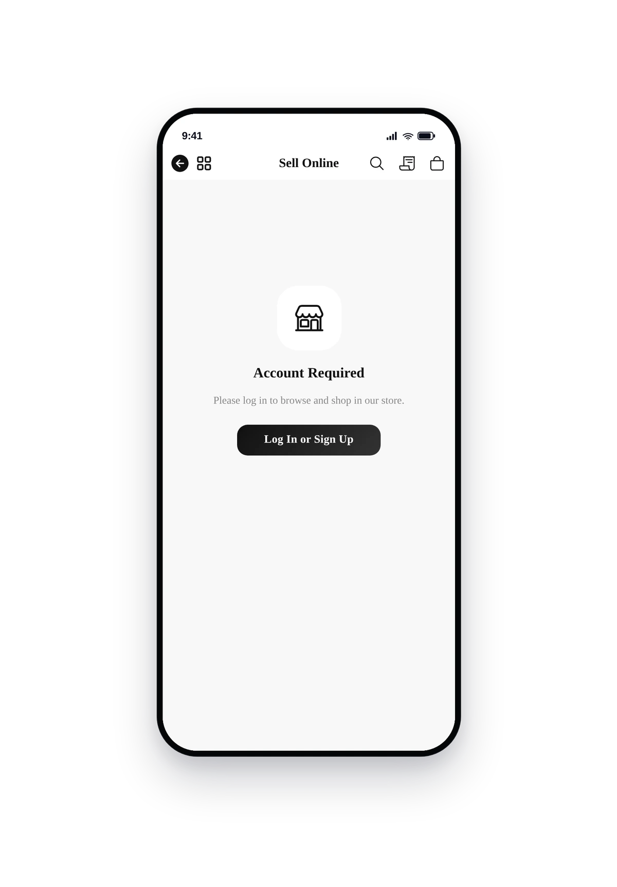 iPhone phone frame rendering the live Sell Online storefront
