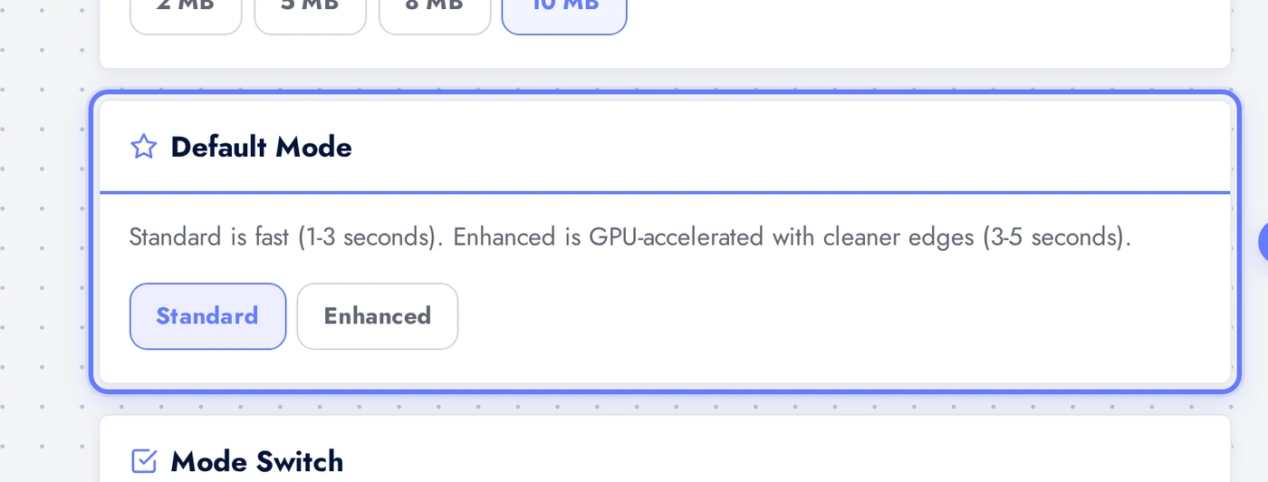 AI Background Remover Settings tab showing the default mode selection (Standard or Enhanced)