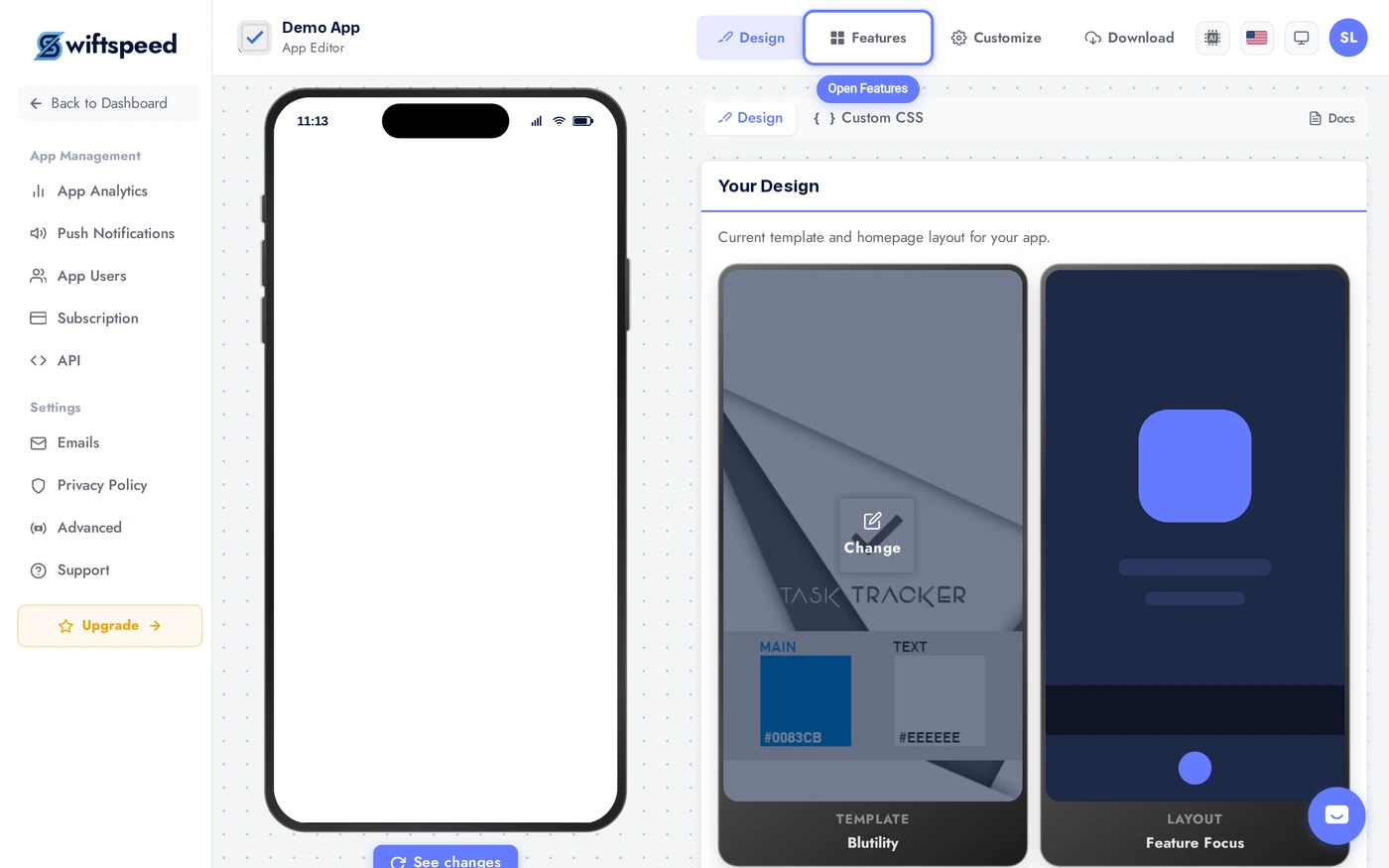 App Editor with the Features tab highlighted