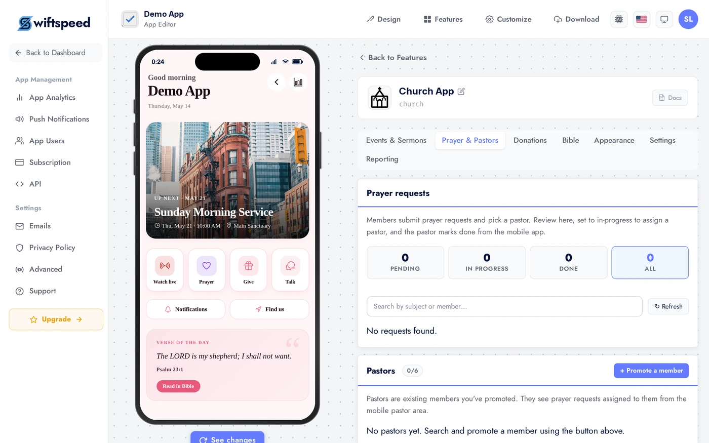 Church App Prayer & Pastors tab