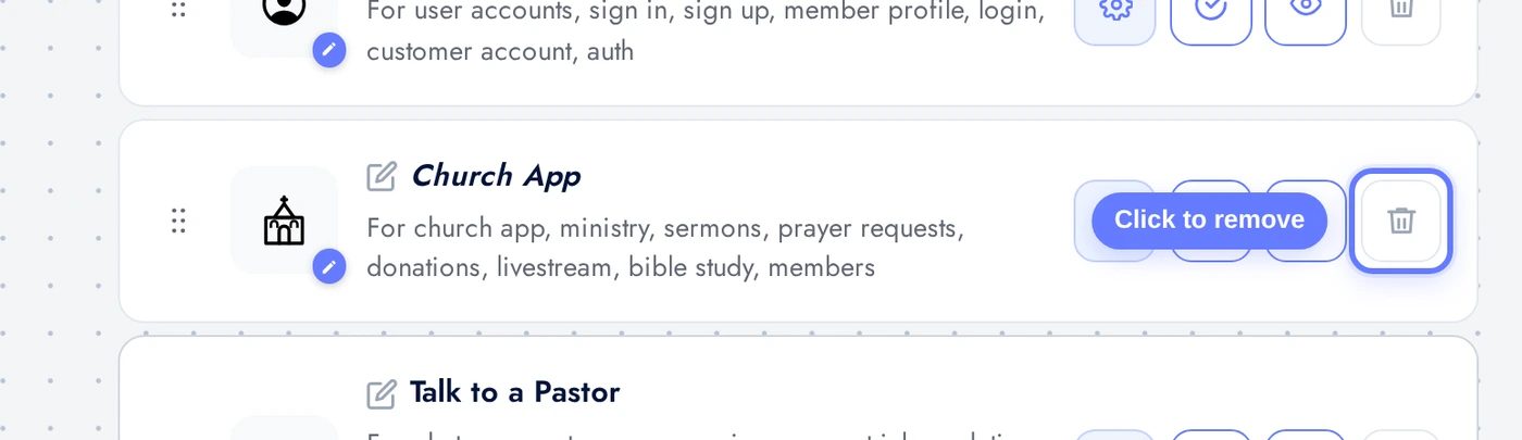 Features page with the Church App row and red remove button highlighted