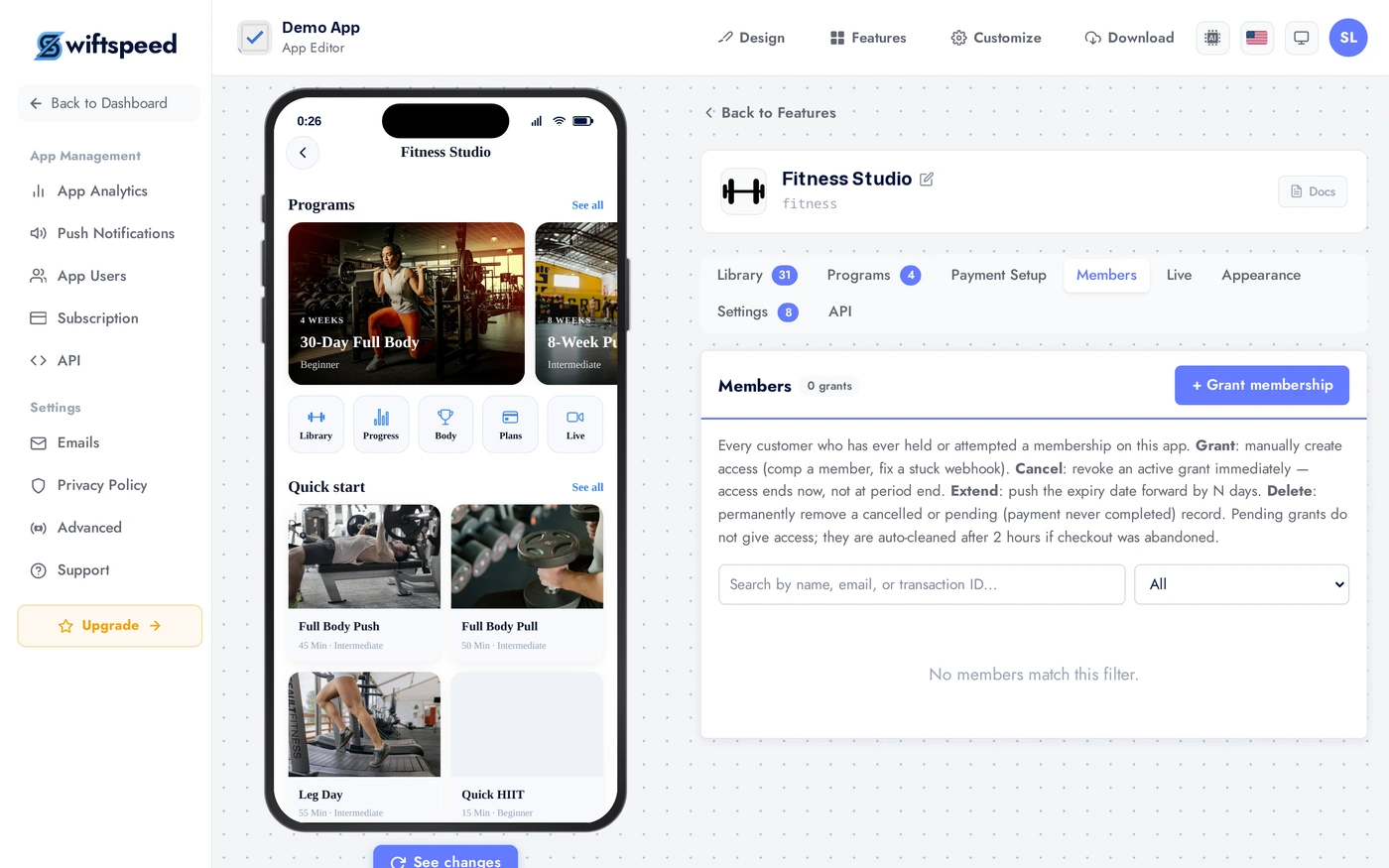 Fitness Studio Members tab