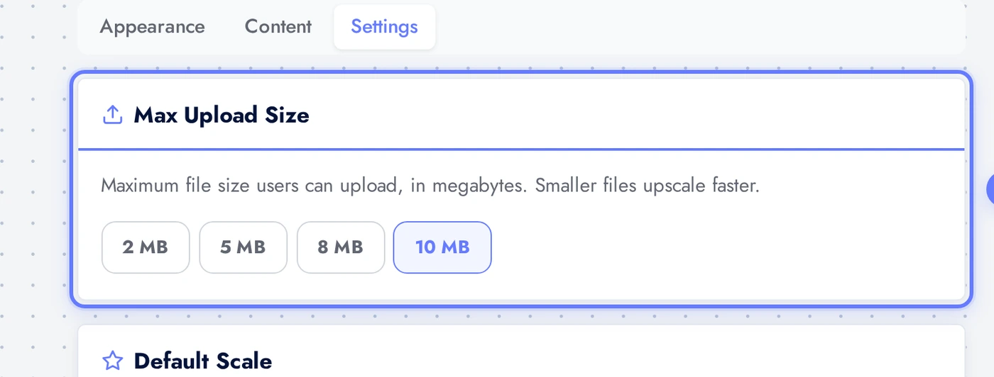 AI Image Upscaler Settings tab showing the default scale selection (2x or 4x)