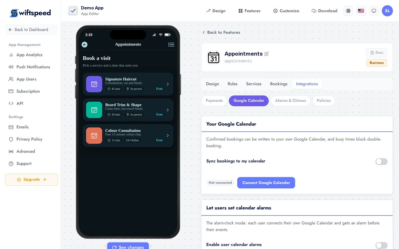 Appointments editor Integrations tab with payments, Google Calendar and alarms
