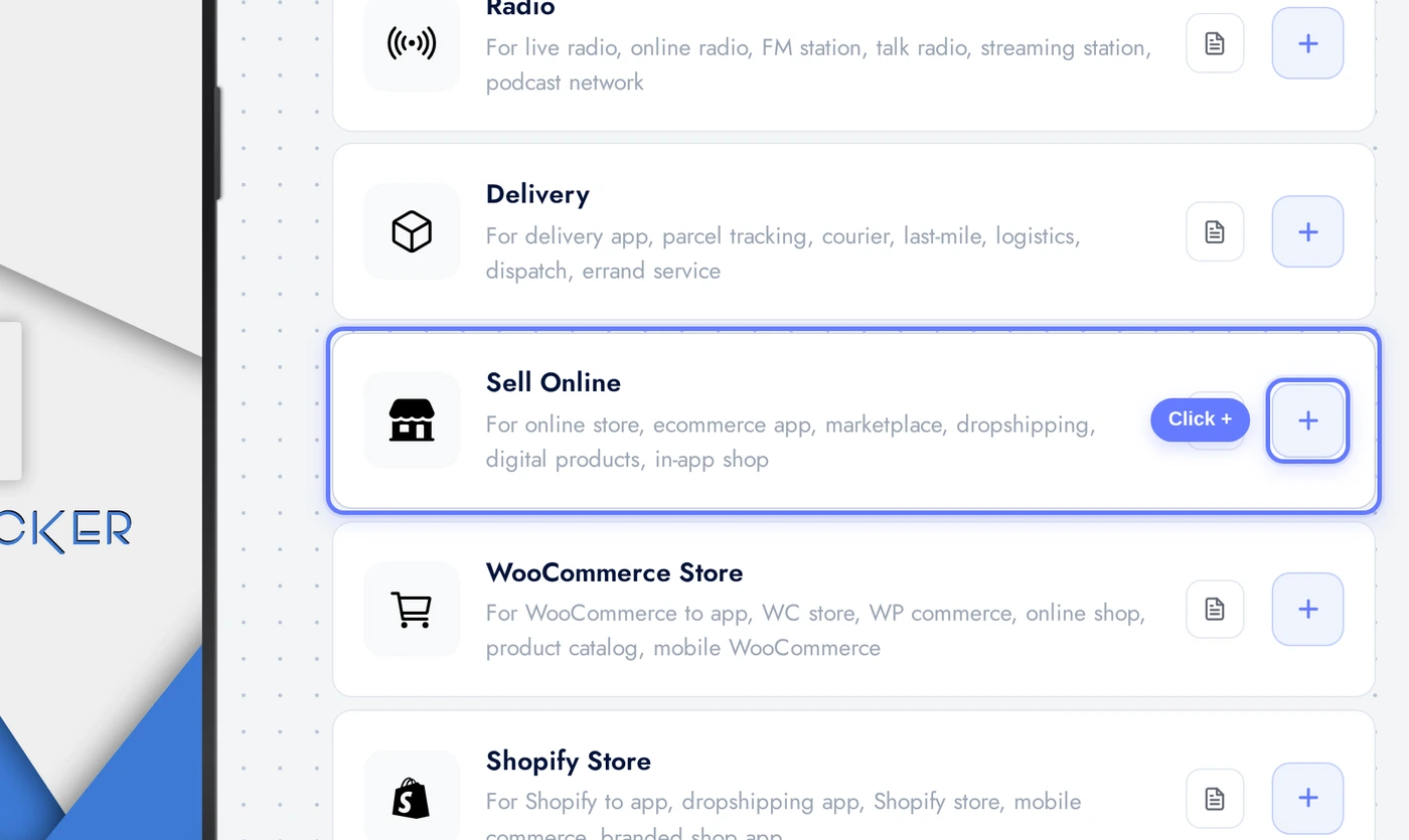 Add a Page list with the Sell Online card highlighted