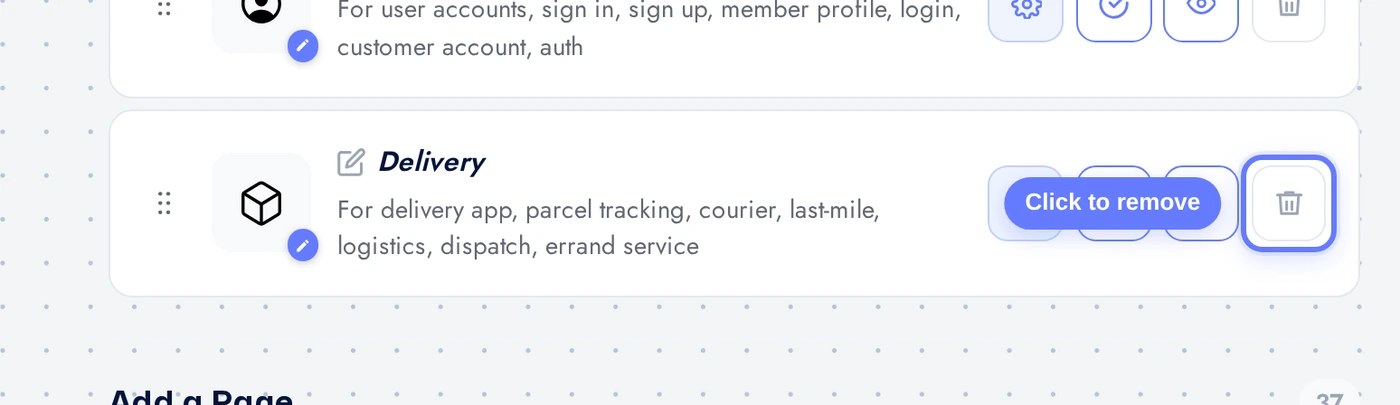 Features page with the Delivery row and red remove button highlighted