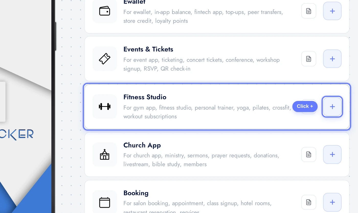 Add a Page list with the Fitness Studio card highlighted