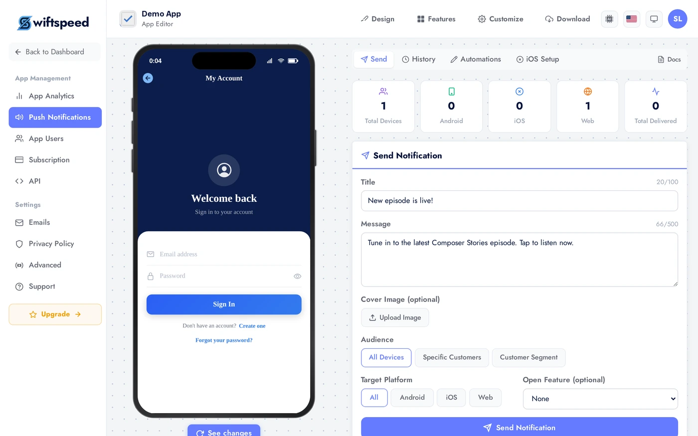 Send Notification form with title, message, cover image upload, and audience options